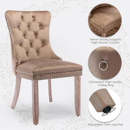 Velvet Upholstered Dining Chairs Set of 2, Modern Style Kitchen Side Chairs with Nailhead Trim and Wood Legs,Metal Pulling Ring for Dining Room Living Room(Khaki)