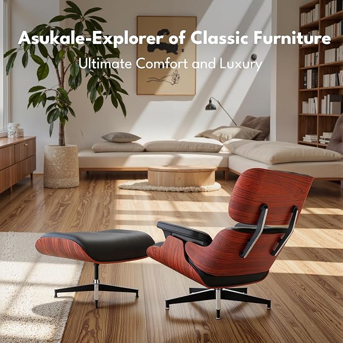 Top Black Grain Leather, Mid Century Chaise Lounge Chair and Ottoman, Modern Chair Classic Design, Heavy Duty Base Support for Living Room Study Lounge Office, Darkrosewood