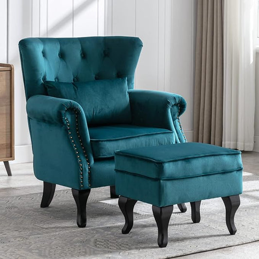 Mid Century Modern Accent Chair Upholstered Armchair Comfy Velvet Tufted Wingback Single Sofa with Ottoman for Bedroom Living Room, Teal