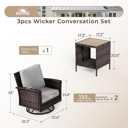 Patio Wicker Swivel Chairs Set of 2, Outdoor High Back Chairs with 5.5" Waterproof Cushions and Side Table, Outdoor Furniture Set for Deck Porch and Yard, Peacock Blue