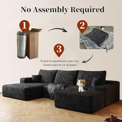 107.5" Compressed Boneless Couch with Ottoman, 2 Seater Large U Shaped Sectional Couches for Living Room, Black Corduroy Cloud Modular Sectional Sofa, Memory Foam, No Assembly，Light Facing Chaise