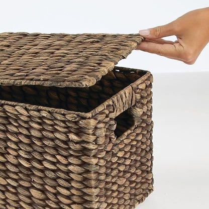 mDesign Woven Water Hyacinth Rectangle Storage Organizer Basket Bin with Topper Lid and Handles - Natural Farmhouse Holder Containers for Closet, Bedroom, Bathroom, Office - Set of 3 - Dark Brown