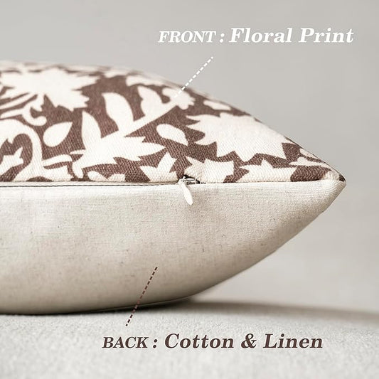 Foindtower Set of 2 Decorative Neutral Floral Throw Pillow Covers Accent Farmhouse Cushion Covers Boho Vintage Pillowcase for Couch Sofa Bedroom Living Room Home Decor,24×24 Inch,Brown