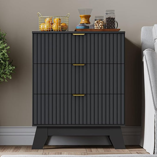 Fluted 3 Drawer Dresser, 30.3" Tall Compact Modern Boho Chest of Drawers, Wooden Storage Cabinet for Bedroom, Living Room, Entryway, Curved Profile Design