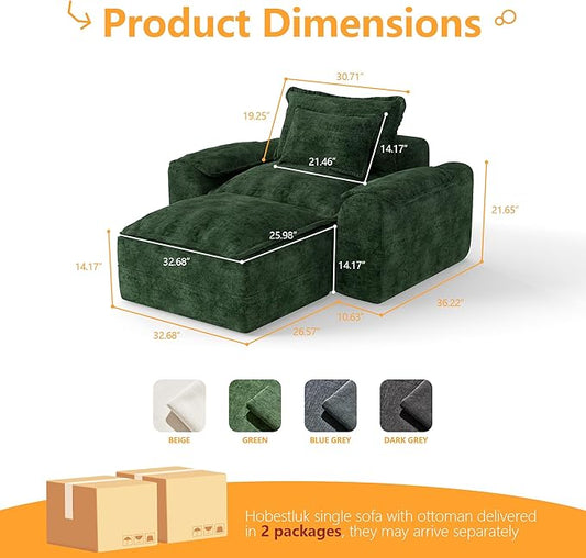 Hobestluk Cloud Single Sofa with Ottoman Memory Foam Couch with Deep Seat L Shaped Sofa with Removable Cover Large Couch for Living Room (Green, Single Sofa with One Ottoman)