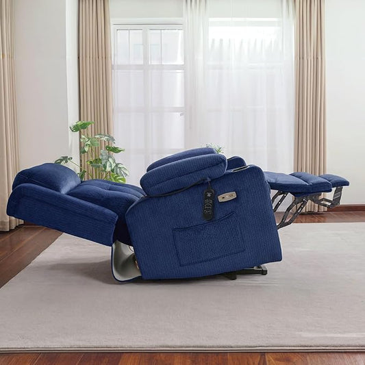 MCombo Large Triple Motor Power Lift Recliner Chair with Massage and Heat for Elderly People, Adjustable Headrest, Infinite Position, USB Ports, Fabric 7662 (Navy Blue, Large)