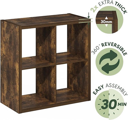 Furinno Cubicle Book Shelf, 4-Cube Bookself, Thick Frame Bookcase with Reversible Open Back, 14.6 x 30 x 30, for Living Room, Bedroom, Home Office, Amber Pine