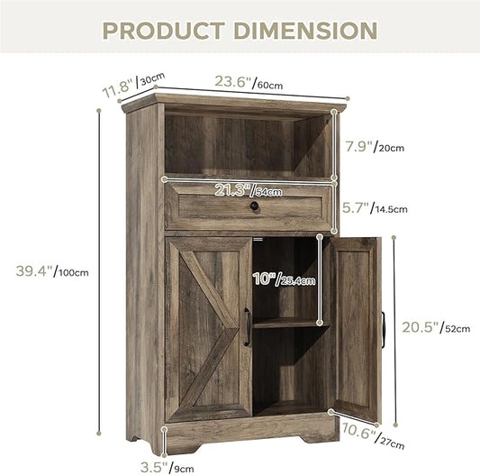 Floor Cabinet, Farmhouse Storage Cabinet with Barn Doors and Drawer, 11.81" D x 23.62" W x 39.37" H Grey Freestanding Adjustable Shelf Organizer for Bathroom, Kitchen, Living Room