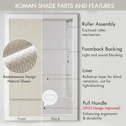 Madison Park Galen Cordless Roman Shade, 27"W x 64"H, Sheen Ivory – Room Darkening, Thermal Insulated, Energy Efficient Window Blind with Subtle Sheen Basketweave Fabric for Privacy
