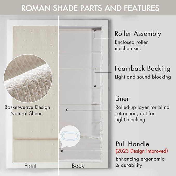 Madison Park Galen Cordless Roman Shade, 34"W x 64"H, Sheen Ivory – Room Darkening, Thermal Insulated, Energy Efficient Window Blind with Subtle Sheen Basketweave Fabric for Privacy