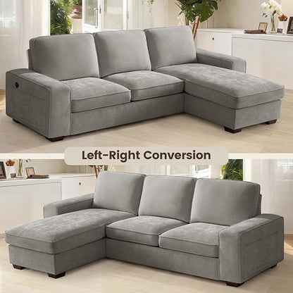 PARKOL 99" L-Shaped Sectional Couch with Storage, Sofa with Reversible Chaise, USB Type-C Charging, Chenille Fabric, Removable Cushion Covers, for Small Space, Apartment, Living Room, Light Gray