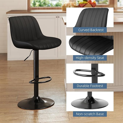 Youhauchair Bar Stools Set of 2, Swivel Counter Height Barstools with Back, Adjustable PU Leather Bar Chairs, Modern Armless Kitchen Island Stool, Black