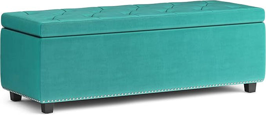 SIMPLIHOME Hamilton 48 inch Wide Traditional Rectangle Storage Ottoman in Aqua Blue Velvet Fabric, Assembled for the Living Room, Entryway and Family Room