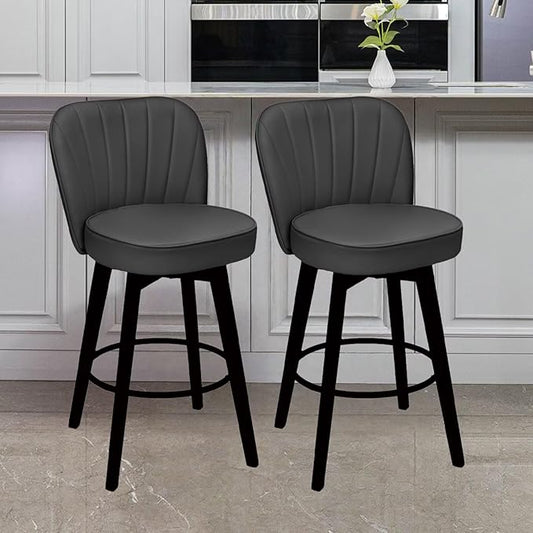 MINCETA Bar Stools Set of 2, PU Leather Barstools, 26 Inch Upholstered Counter Stools with Backrest and Footrest, Swivel Counter Height Barstools for Kitchen Island Home Bar Dark Gray