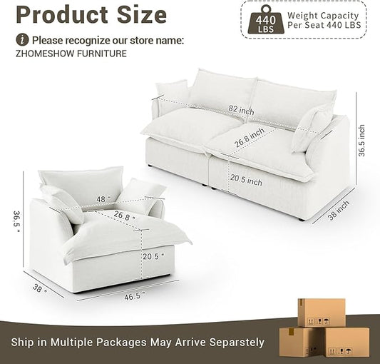 82” Modular Sectional Sofa, Comfy Down Fill Cloud Couch, Loveseat with Single Seater, Small Couch with Washable Cover, Sectional Couches for Living Room Small Apartments, Cream White