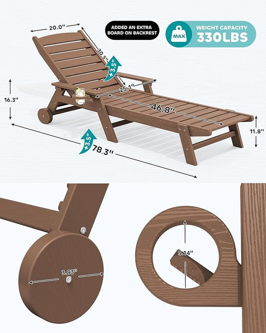 SERWALL Patio Chaise Lounge Chair, 78'' Long HDPE 5 Positions Adjustable Poly Lounge Chair with Rolling Wheels & Cup Holder for Pool, Brown