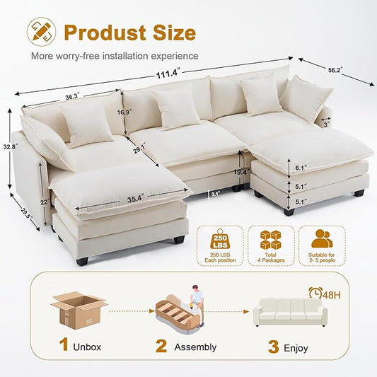 111.4" U Shaped Cloud Couch Sectional with 2 Ottoman｜Modular Chenille Sofa with 29.1" Deep Seat｜FSC Solid Wood Frame｜Easy Assembly & 1YR Guarantee｜for Living Room Bedroom Apartment