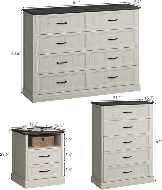 CARPETNAL Farmhouse Dresser and Nightstand Sets for Bedroom, 4 Pcs Bedroom Set, 5 Drawer & 8 Drawer Dresser and Nightstand Set of 2, Wood Chest of Drawers for Living Room, Entryway, White