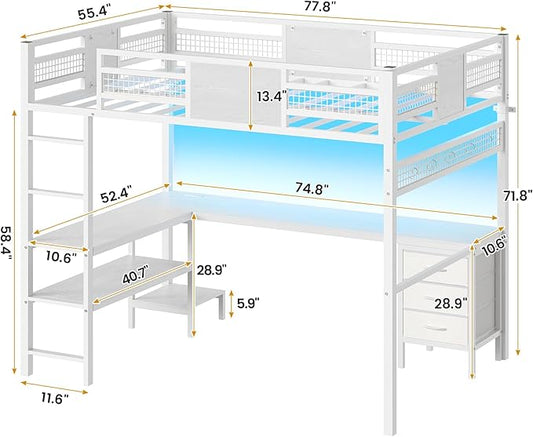 ADORNEVE Loft Bed Full Size with L-Shaped Desk, 3 Storage Drawers, Power Outlet, 3 Storage Shelves, Metal Loft Bed Frame with RGB Lights, Bed with Safety Guardrail & Ladders,Space-Saving, White