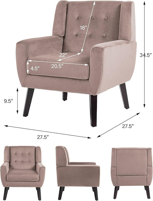 Accent Chair, Modern Velvet Arm Chair for Living Room, Bedroom, Comfy High-Resilient Sponge Reading Chair for Small Spaces （Velvet Silk Pink, Set of 1