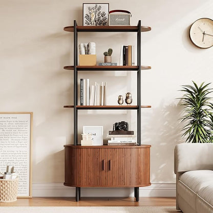 71" Tall Fluted Bookshelf with Sliding Tambour Doors, 4-Tier Mid Century Modern Metal Bookcase Cabinet w/Open Display Storage Shelf, Display Cabinet for Office, Living Room Walnut