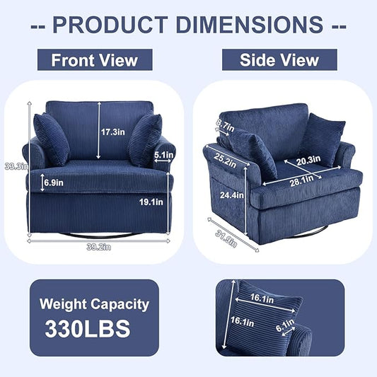 Karl home Swivel Accent Chair Set of 2, 39" Oversized Armchair W/2 Pillows and 4 Pockets,Modern Corduroy Barrel Chairs,Comfy Single Sofa for Living Room,Reading,Bedroom and Office-Dark Blue