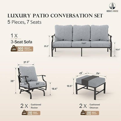 HERA'S HOUSE 5 Pieces Patio Furniture Set, 2 x Cushioned Rocking Chair, 2 x Ottoman, 1 x 3-Seat Sofa, All Cushioned 7 Seats Outdoor Conversation Set for Lawn Garden Backyard, Grey