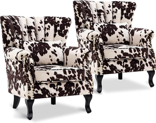 Accent Reading Arm Chairs Set of 2 for Living Room Bedroom, Midcentury Modern Comfy Corner Sofa Chair, Wingback Waiting Room Club Chair with Button Tufted Back &Lumbar Pillow, Fabric Cow