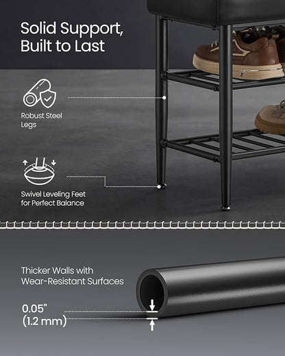 VASAGLE EKHO Collection - Shoe Rack Bench, Storage Bench for Entryway, Synthetic Leather with Stitching, Mid-Century Modern, Loads 300 lb, 11.8 x 31.5 x 19.7 Inches, Ink Black ULSB054B01