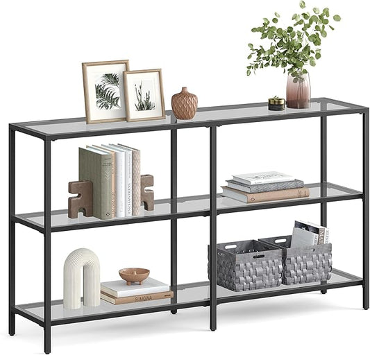 VASAGLE 51.2 Inch Console Table with 3 Shelves, Sofa Tables, Modern Entryway Table, Metal Frame, Tempered Glass Shelf, Entryway Living Room Bedroom, Classic Black and Slate Gray ULGT024B61