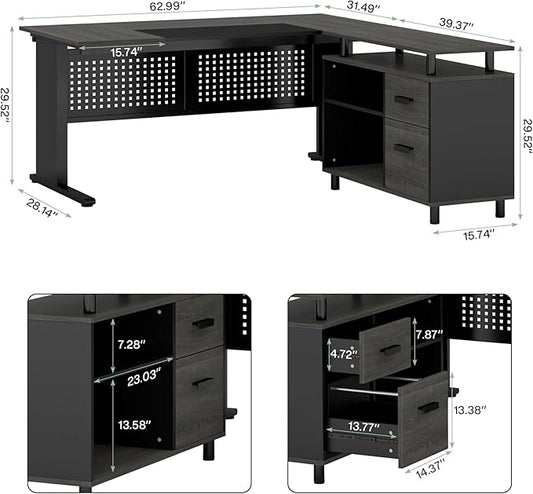 Tribesigns 63 Inch Executive Desk with File Cabinet, L Shaped Office Desk with Drawers and Storage Shelves, Business Furniture Set Workstation for Home Office, Gray and Black