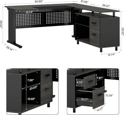 LITTLE TREE Large Computer Desk with File Cabinet, 63 Inch Executive Desk L Shaped Office Desk with Drawers and Storage Shelves, Business Furniture Desk Workstation for Home Office