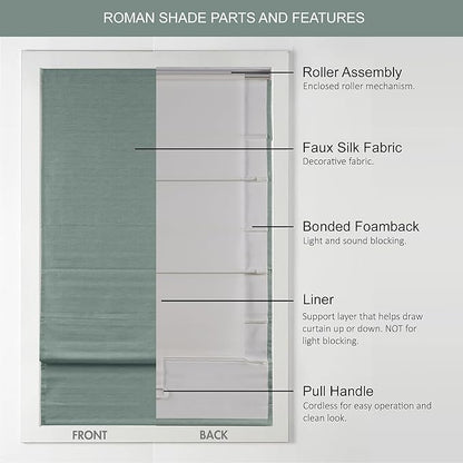 Madison Park Cordless Roman Shades Faux Silk Shade with Sheen 1-Panel Privacy, Room Darkening, Energy Efficient, Thermal Insulated Window Blind for Bedroom, Living Room Décor, 27"W x 64"L Como, Green