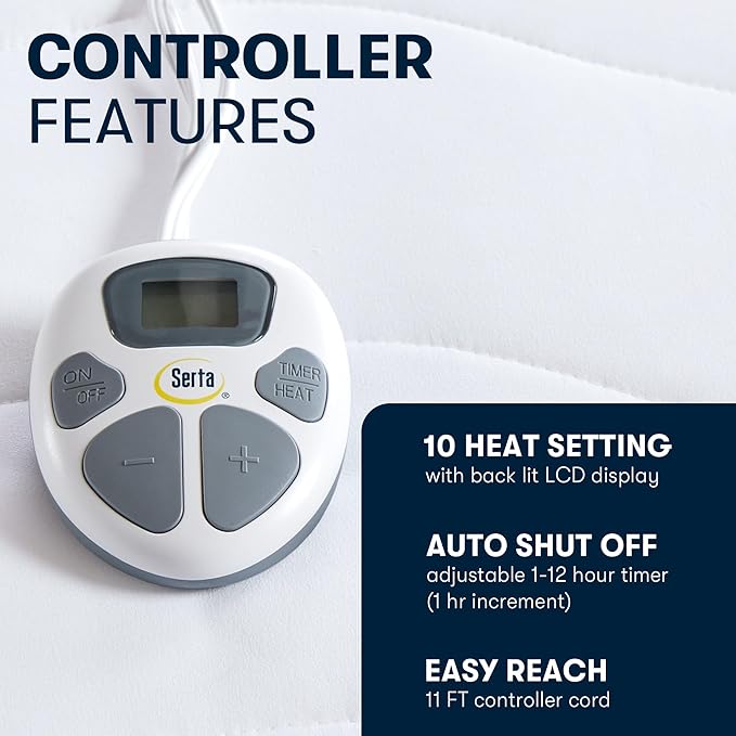 Serta Heated Mattress Pad Full Size - Electric Mattress Pad, 10 Heat Setting Controller, Auto Shut Off Timer, Deep Elastic Pocket, Up to 17" Mattress, ETL Certified, Machine Wash, Full, White