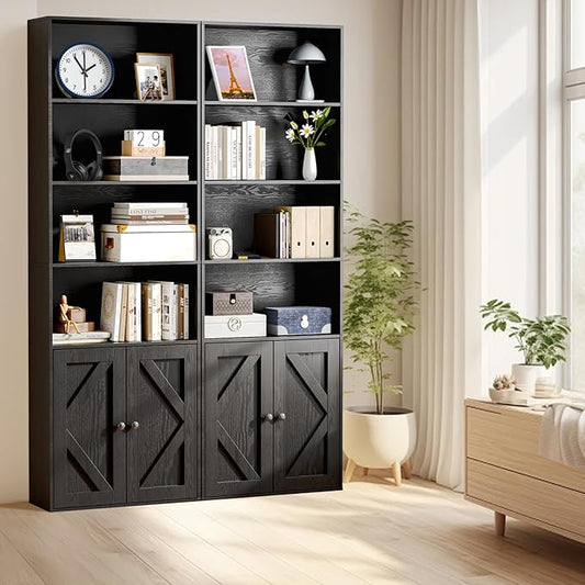 Bookshelf, 6-Tier Floor Bookcase with 2 Bottom Doors, 9.29"x23.62"x70.86", Storage Cabinet Bookshelves for Home Office, Living Room, Bedroom-Black