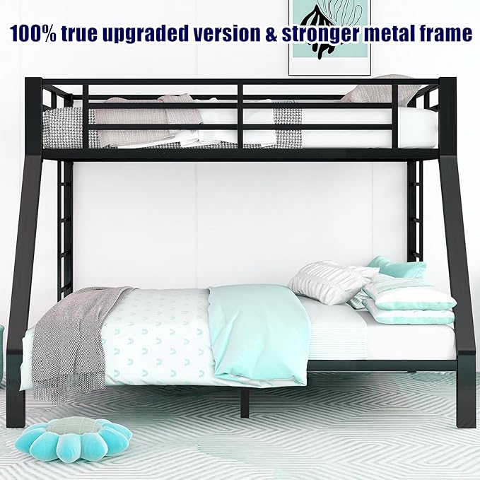 Stronger & Higher Quality Heavy Duty Steel Bunk Bed Twin XL Over Queen Size Bunkbed, Thickened Safer More Stable Metal Queen Bunk Bed Frame (Faster Assembly) (Twin XL Over Queen)