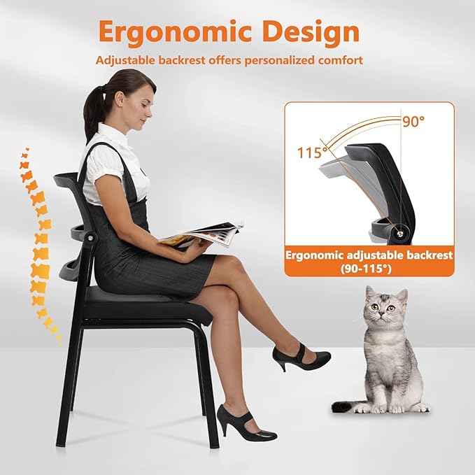 CLATINA Stacking Waiting Room Chairs, Adjustable Mesh Backrest Armless Office Guest Reception Chair with Ergonomic Lumbar Support and Leather Cushion for Conference Lobby Side School Classroom,4PK