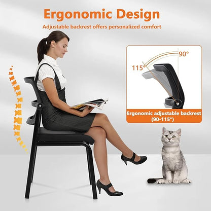 CLATINA Stackable Waiting Room Chair with Adjustable Mesh Backrest, Armless Office Guest Reception Chairs with Ergonomic Lumbar Support and Leather Cushion for Conference Lobby Side School, Black