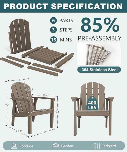 Adirondack Chair Set of 6, All Weather HDPE Fire Pit Chairs, Oversized Plastic Adirondack Chair for Outdoor, Balcony, Deck, Backyard, Patio, Garden, Poolside, Lawn Brown