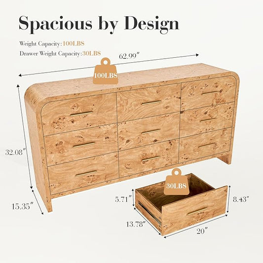 Curved 9-Drawer Dresser for Bedroom, 63" Wide Modern Chest of Drawers, Vanity Desk TV Stand for Living Room, Closet Storage Drawers Organizer Furniture, Nursery, Hallway, Light Burl