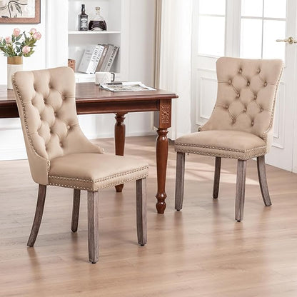 Velvet Dining Chairs Set of 2, Upholstered Dining Room Chairs with Nailhead Ring Pull Trim, Button Tufted Wing Back Chairs for Dining with Solid Wood Legs for Kitchen Dining Room(Khaki)