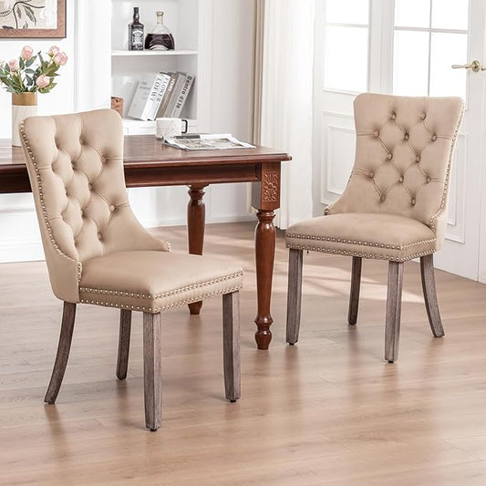 Velvet Dining Chairs Set of 2, Upholstered Dining Room Chairs with Nailhead Ring Pull Trim, Button Tufted Wing Back Chairs for Dining with Solid Wood Legs for Kitchen Dining Room(Khaki)