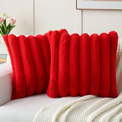 FUTEI Christmas Red Decorative Throw Pillow Covers 26x26 Inch Set of 2, Square Soft Faux Rabbit Fur Thick Striped Euro Pillow Shams,Winter Home Decor for Couch Bed Living Room