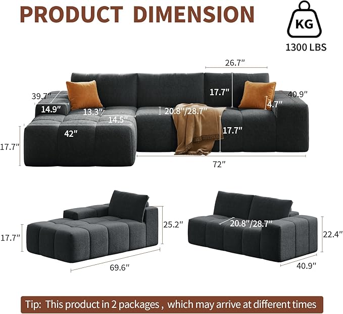 114” Oversized Modular Sectional Couch for Living Room, Chenille Boneless Couch L-Shape Cloud Sofa with Deep Seat and Chaise, Memory Foam Compressed Sofa for Living Room Furniture Bedroom Apartment