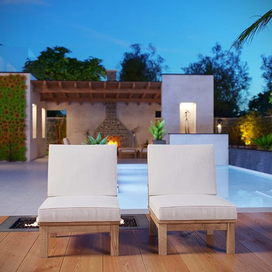 Modway Marina Teak Wood Outdoor Patio Armless Chairs in Natural White - Set of 2