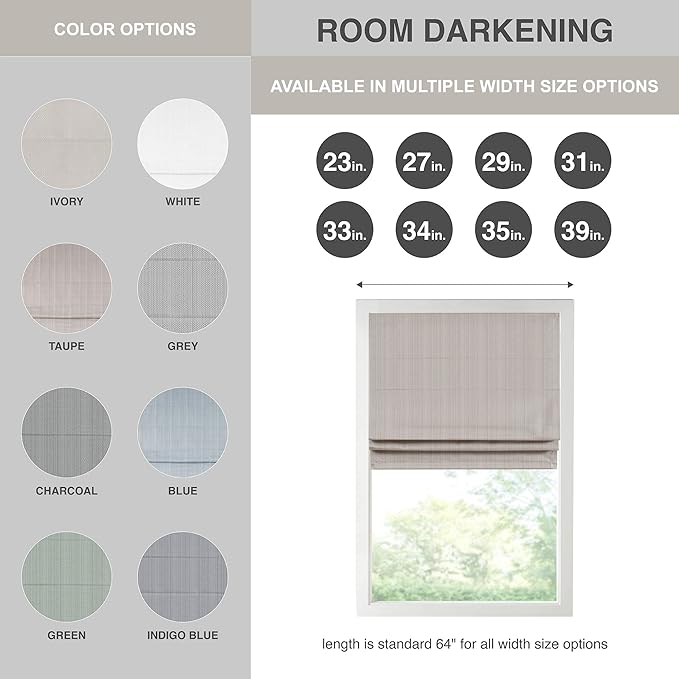 Madison Park Galen Cordless Roman Shade, 27"W x 64"H, Sheen Taupe – Room Darkening, Thermal Insulated, Energy Efficient Window Blind with Subtle Sheen Basketweave Fabric for Privacy