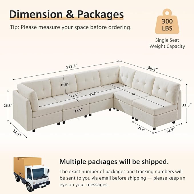 VANOMi 6 Seater Sectional Couches for Living Room, 118" Convertible Modular Cloud Sofa, Comfy Chenille Sofas & Couches for Living Room, Apartment, Office, Beige, L/U Shaped