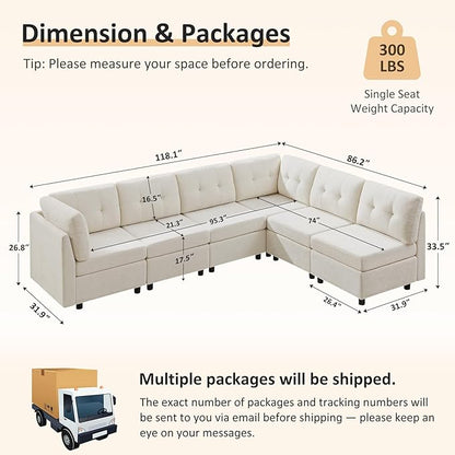 VANOMi 6 Seater Sectional Couches for Living Room, 118" Convertible Modular Cloud Sofa, Comfy Chenille Sofas & Couches for Living Room, Apartment, Office, Beige, L/U Shaped