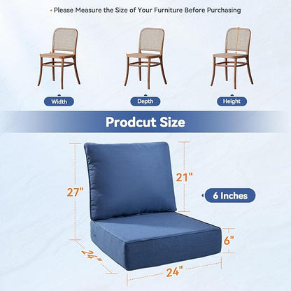 Luxury 6" Outdoor Cushions for Patio Furniture, 24x24x6" Thick Seat Cushion Set of 10, Fade Resistant Couch Chair Replacement Cushions High Density Deep Wicker Chair Cushion w/ Removable Cover, Blue