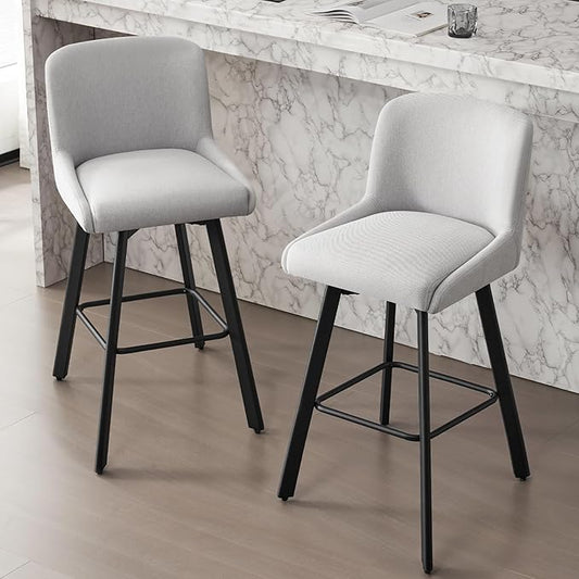 Swivel Bar Stools Set of 2, 30''H Upholstered Barstools with Backs, Modern Counter Height Bar Stool Chairs for Kitchen Island, Metal Legs, Fabric, Light Gray Counter Stools